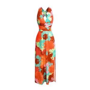 Micas Women's Small Multicolor Floral Cross Back V-Neck Wrap Midi Summer Dress